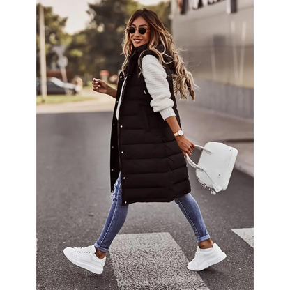 Ylva | Casual Sleeveless Long Vest With Hood And Buttons