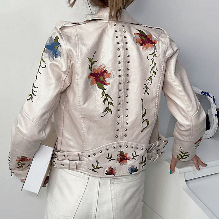 Bonda floral leather jacket with handcrafted details.
