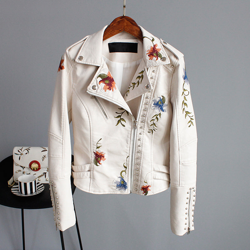 Bonda floral leather jacket with handcrafted details.