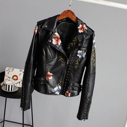 Bonda floral leather jacket with handcrafted details.