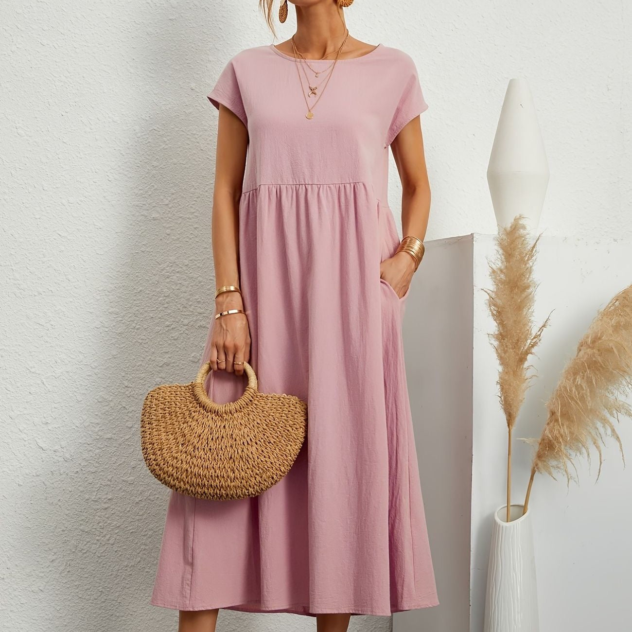 Camel dress with round neckline