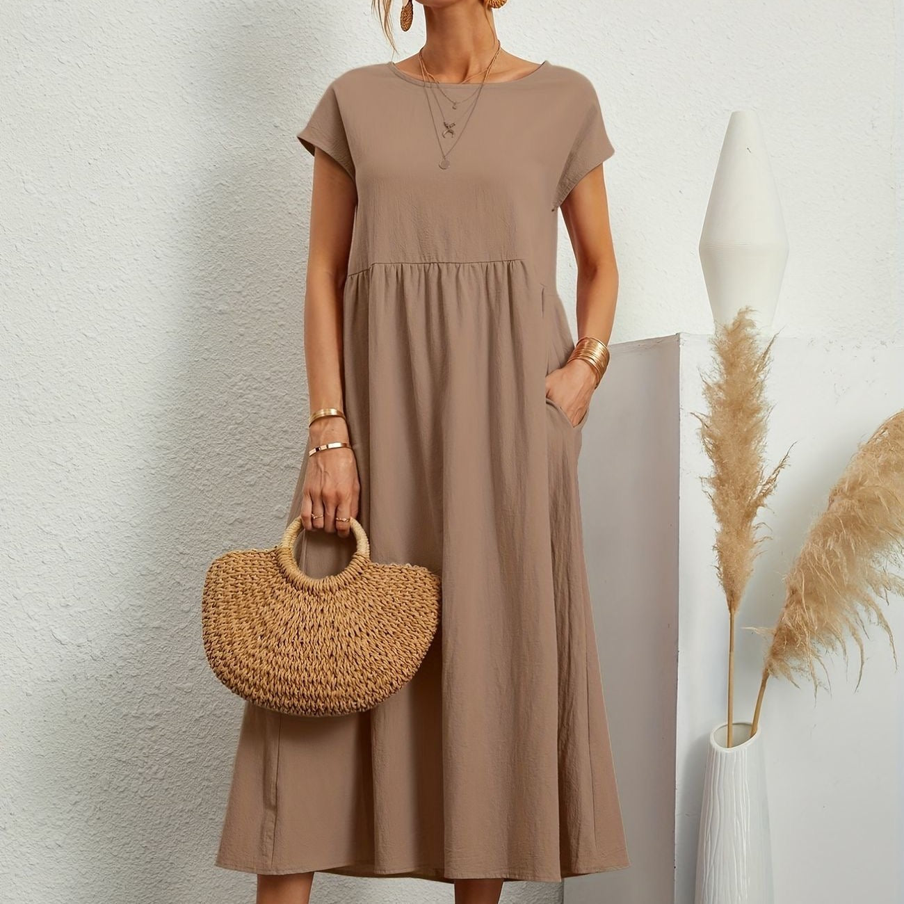 Camel dress with round neckline