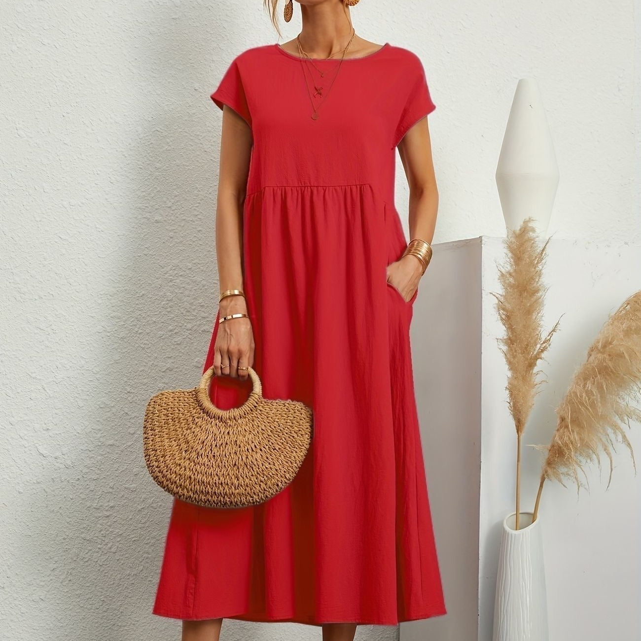 Camel dress with round neckline