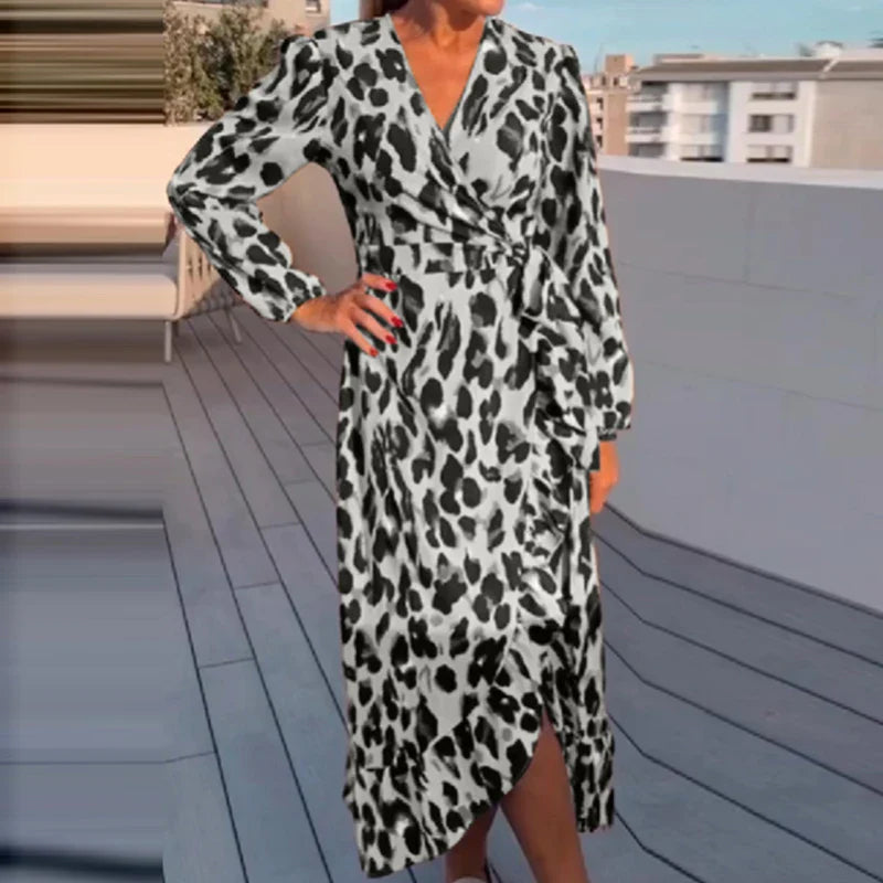 Leopard print dress with V-neckline.