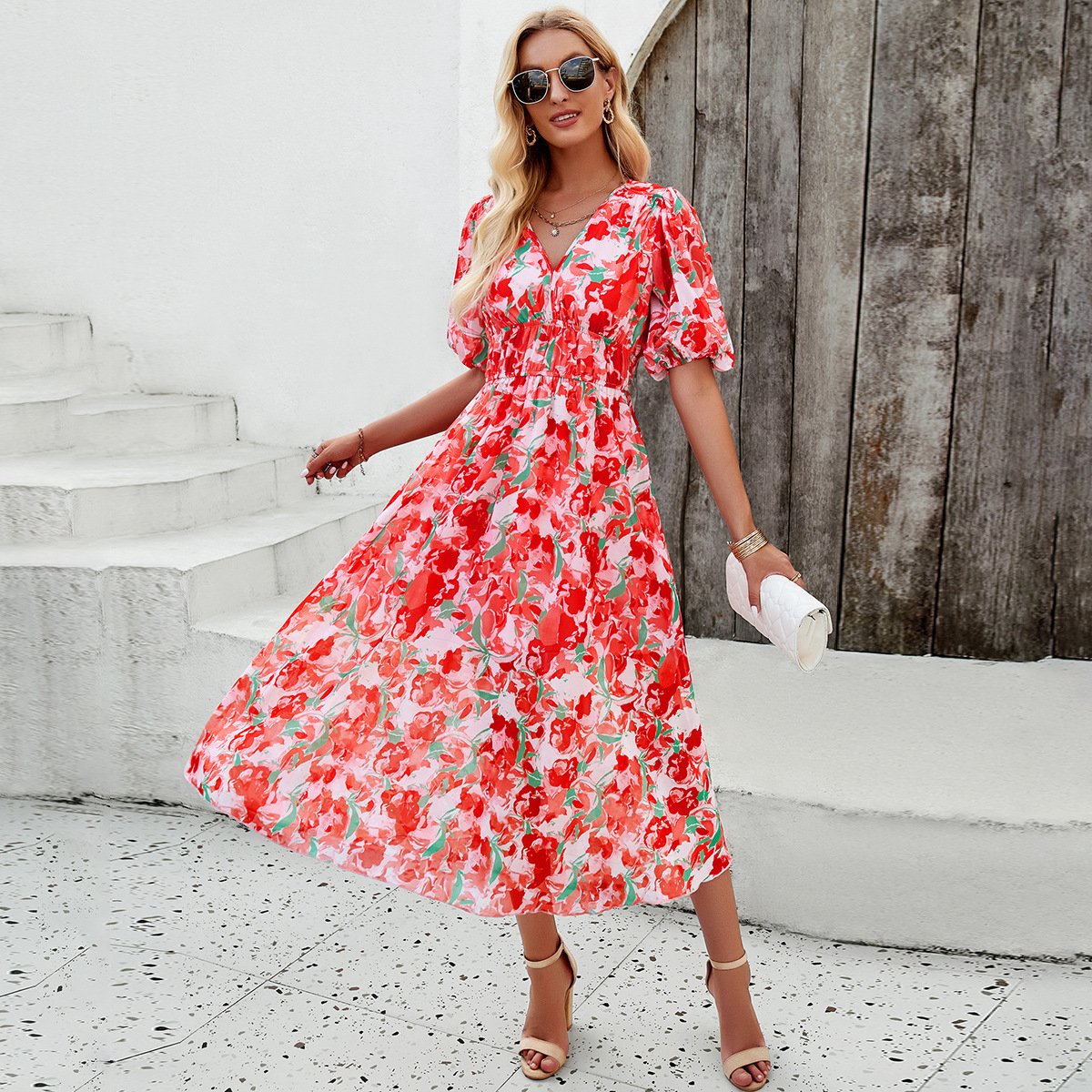 Alette | Midi Dress With Puff Sleeves And Floral Print