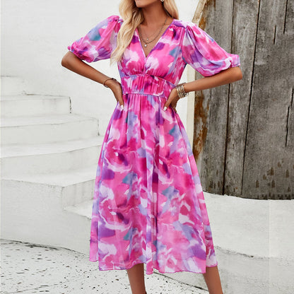 Alette | Midi Dress With Puff Sleeves And Floral Print