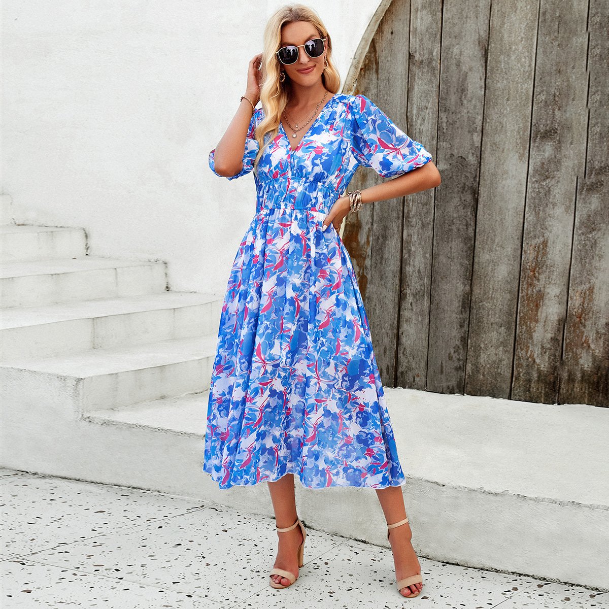 Alette | Midi Dress With Puff Sleeves And Floral Print