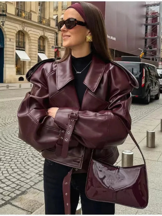 Redous | Wine Red Oversize Leather Jacket - Stylish And Bold