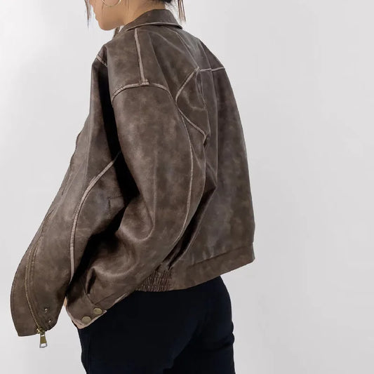 Veylena | Oversize Retro Leather Jacket For Women Y2K Style