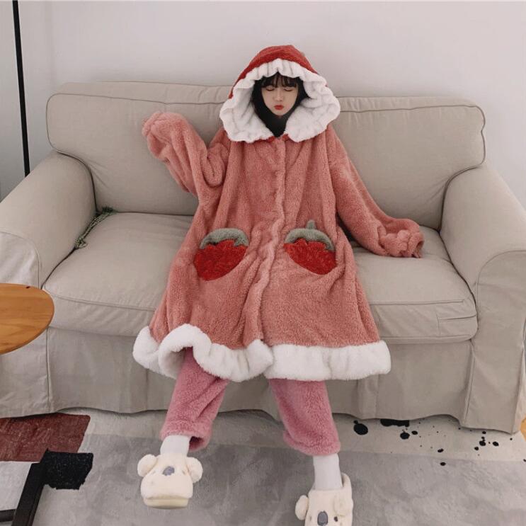 Upstyle plush pajamas with strawberry hood and pocket