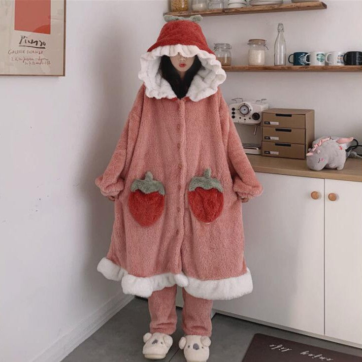 Upstyle plush pajamas with strawberry hood and pocket