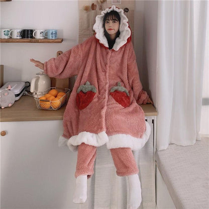 Upstyle plush pajamas with strawberry hood and pocket