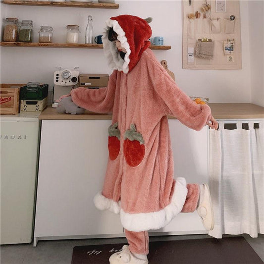 Upstyle plush pajamas with strawberry hood and pocket