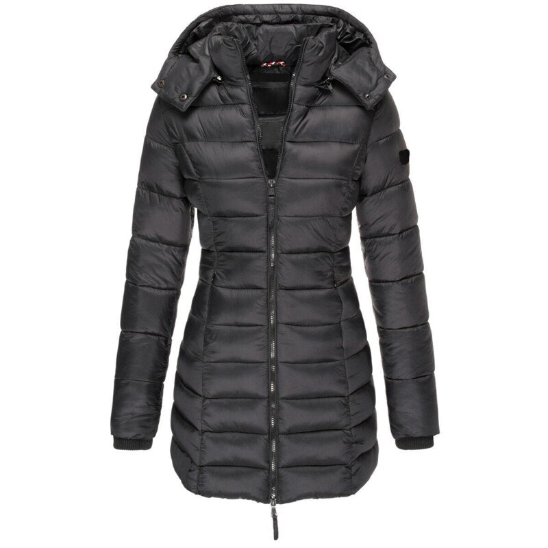 Black down jacket | Hood and zipper