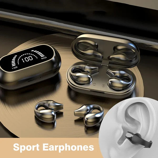 Wireless ear clip headphones with bone conduction.