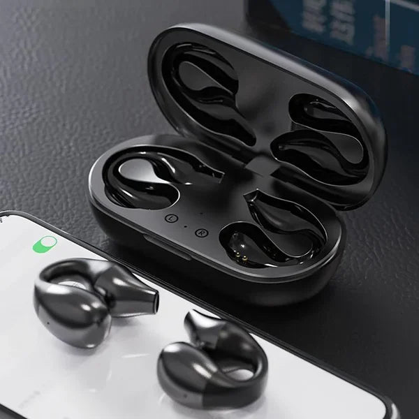 Wireless ear clip headphones with bone conduction.