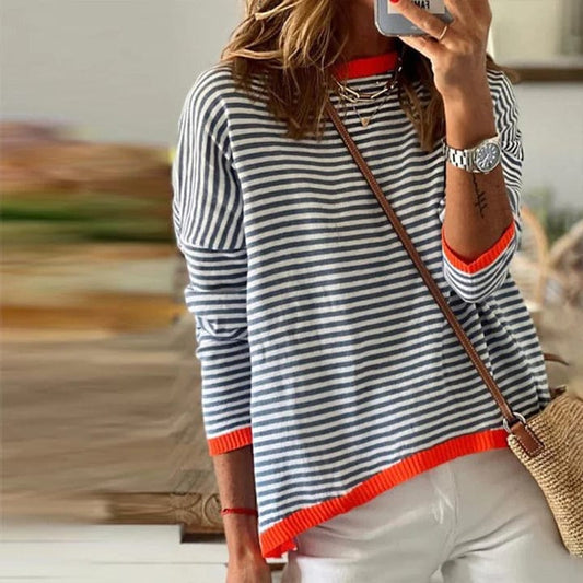 Inessia | Blue Striped Sweater With Orange Trim