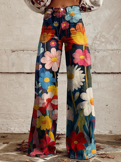 Esdua | Colorful Floral Geometric Wide Trousers For Women